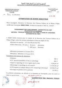 Attestation de bonne exécution Travaux Publiques ALGER